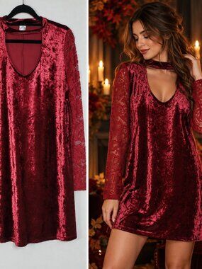 Sun & Moon Velvet Lace Sleeve Dress Size Medium Burgundy 90s Holiday